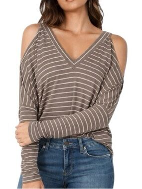 Express Women's Neutral Taupe Striped Long Dolman Sleeve Cold Shoulder VNeck Top